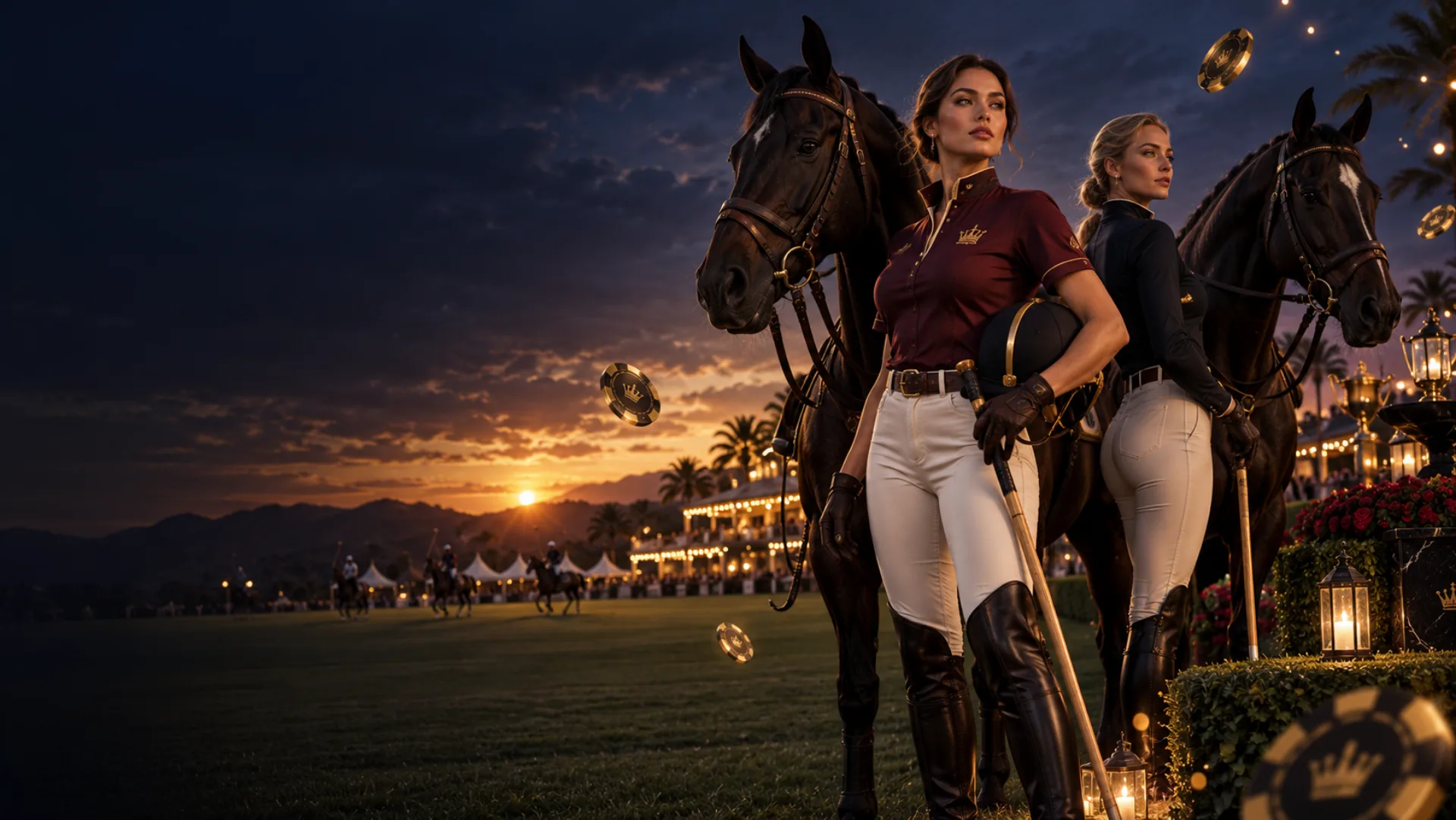Two polo players at a twilight casino club